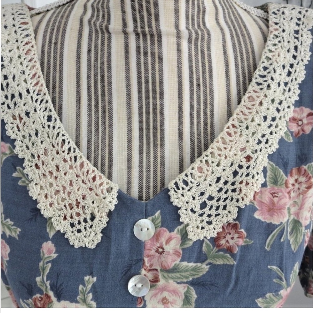 Rare Vintage Y2K Betsey Lauren Floral Cottage Victorian Midi Lace Collar Dress - Picture 4 of 8